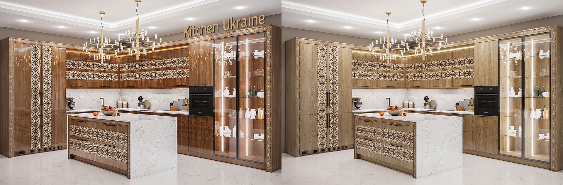Дизайнерская кухня с фасадами со шпоном и интарсией в украинском стиле